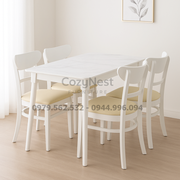ban-an-4-ghe-panda-trang-dem-kem-cozynest-1 Bộ Bàn Ăn 4 Ghế Panda Trắng Đệm Kem – Nhỏ Gọn, Thanh Lịch - Mã BBA15