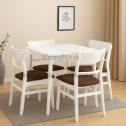 Bộ bàn ăn 4 ghế Mango mặt vuông 80cm sơn trắng ghế nệm nâu – BBA16