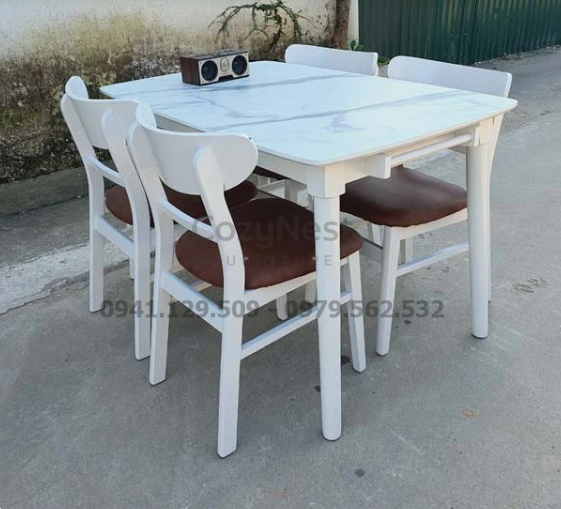 bo-ban-an-mango-gia-da-4-ghe-nem-cozynest-3 Bộ bàn ăn Mango 4 ghế gỗ sơn trắng đệm nâu