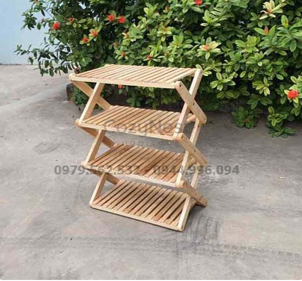 kệ giày dép chữ X 4 tầng gỗ tự nhiên