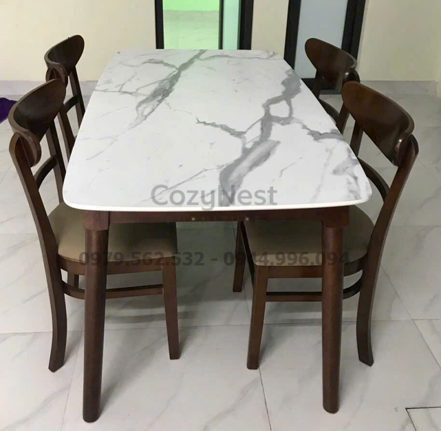 bộ bàn ăn 4 ghế Panda nệm màu nâu