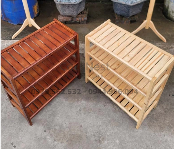 kệ giày dép gỗ cao su 4 tầng màu nâu