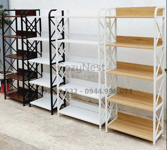 Kệ gỗ khung sắt 5 tầng trang trí phòng khách