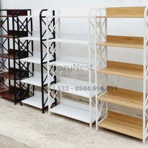 kệ sách khung sắt 5 tầng rộng 60cm màu gỗ tự nhiên