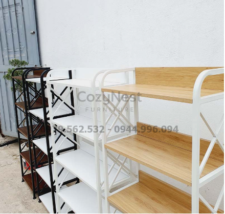 khung sắt sơn tĩnh điện và mặt gỗ kệ 5 tầng 60cm